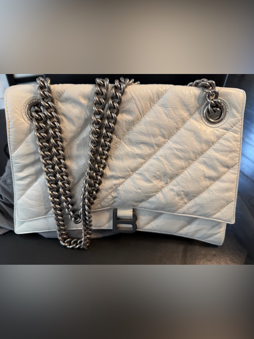 Balenciaga Crush Quilted Lambskin Chain Shoulder Bag in White